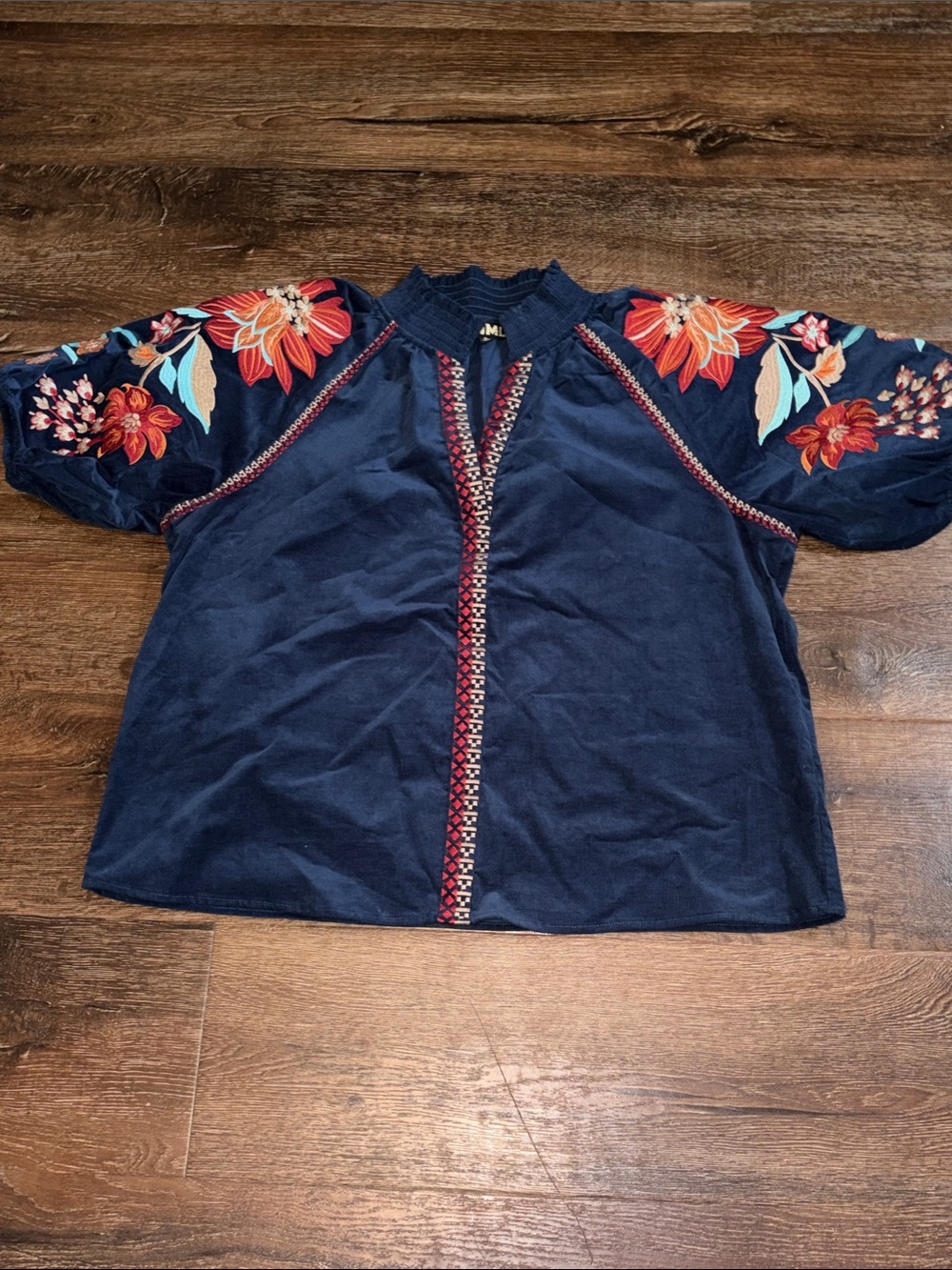THML Navy Embroidered Floral Tunic Top